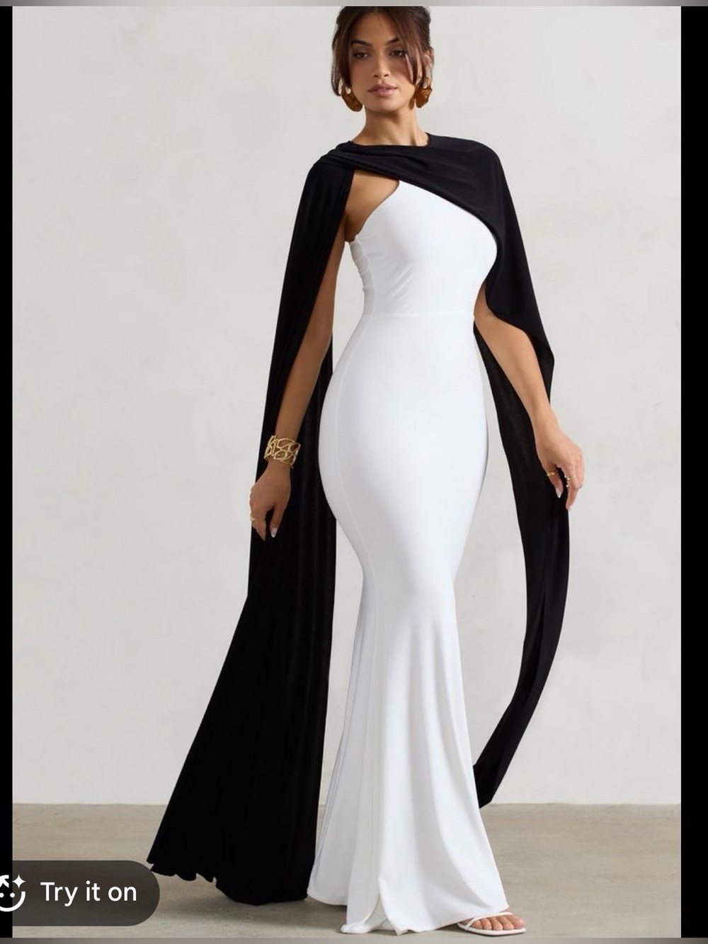 Club L London Elegant White One-Shoulder Dress with Black Cape